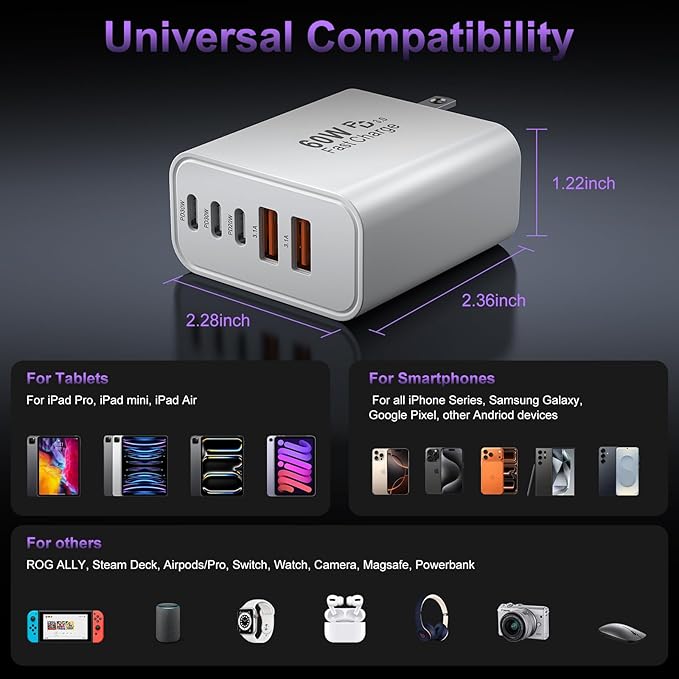 USB C Fast Wall Charger Block, 2Pack 60W USBC Charging Cubes, 5-Port PD+QC Power Adapter Multiport Brick Type C Box Plug for iPhone 17/16/15/14/13/12/11/Pro Max/Plus/Air, iPad mini/Pro,Galaxy S25/S24