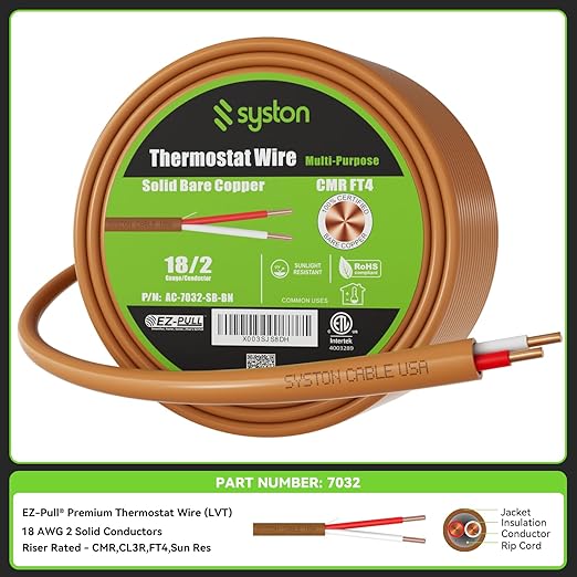 Syston 18/2 Thermostat Doorbell HVAC Heating Control Cable Wire, 100% Solid Copper Conductors CL3R/FT4/CMR Riser-Rated UL/ETL Listed, UV Resistant RoHS for Indoor/Outdoor Low Voltage Applications Use