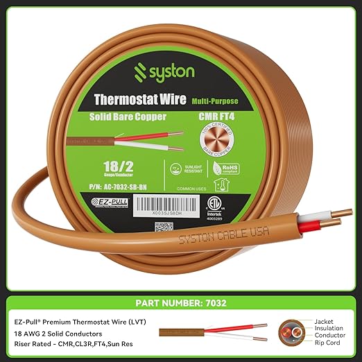 Syston 18/2 Thermostat Doorbell HVAC Heating Control Cable Wire, 100% Solid Copper Conductors CL3R/FT4/CMR Riser-Rated UL/ETL Listed, UV Resistant RoHS for Indoor/Outdoor Low Voltage Applications Use