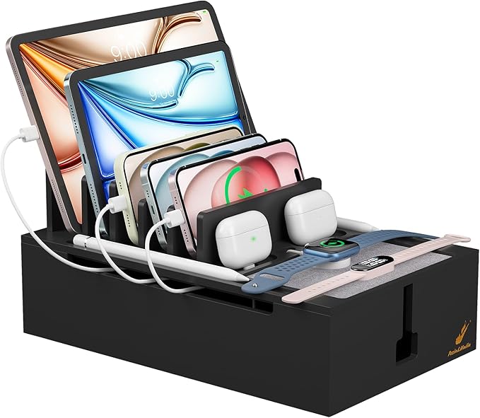 Pezin & Hulin Bamboo Charging Station, Electronic Devices Organizer for Multiple Devices Charger Such As Cell Phone, Tablet, Watch and More, Blackl, (No USB Charger and Cables