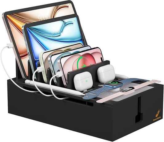 Pezin & Hulin Bamboo Charging Station, Electronic Devices Organizer for Multiple Devices Charger Such As Cell Phone, Tablet, Watch and More, Blackl, (No USB Charger and Cables