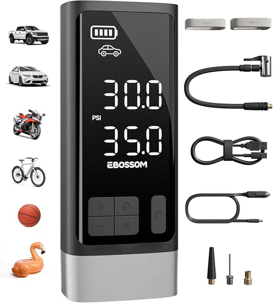 Portable Tire Inflator with Dual-Cylinder, 5 x Fast Inflation Car Air Compressor with Memory Function, 150PSI Cordless Tire Inflator Rechargeable with Battery,12V DC for Pickup Car, Moto, Bikes, Balls