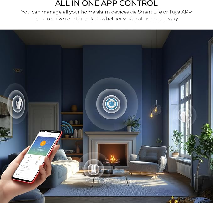 Wireless Alarm System,Smart Home Security System with Tuya App Alerts,5 Pieces Door Alarms Kits Siren Hub with Door/Motion Sensors,Remote,Easy Installation for Villa,Apartment,Home Kids Safety