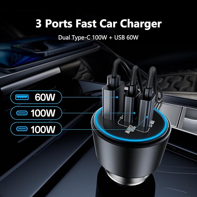 USB C Car Charger, 2Pack 3-Port 200W Dual USB-C & USB-A Phone Car Charger Adapter PD/QC Fast Charging Cigarette Lighter for Phone 16 15 14 13 12 Pro Max, Laptop MacBook Samsung Galaxy S24