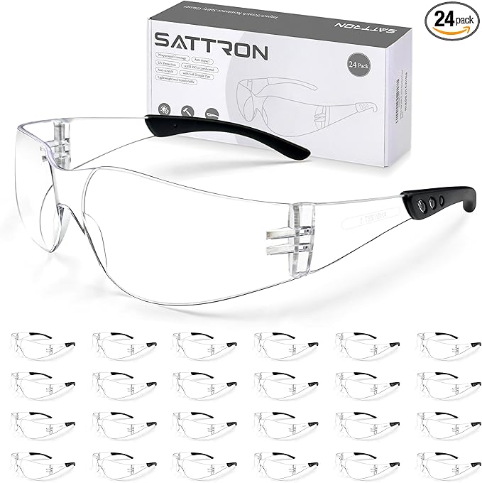 Clear Safety Glasses 24PK, Protective Eyewear Polycarbonate Lens with Rubber Temples ANSI Z87.1 Anti-Scratch Impact Resistant Eye Protection for Work, Lab, Construction Clear Lens/Black Frame