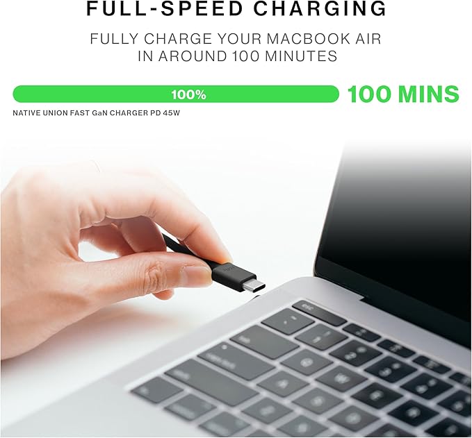 Native Union Fast GaN Charger PD 45W – Ultra-Compact Power Delivery Enabled USB-C – Made of Recycled Materials – for MacBook Air, iPads, iPhones, Pixel, Galaxy & Other USB-C Devices (Black)
