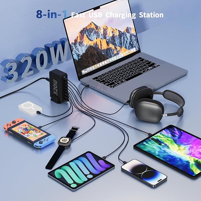 USB C Desktop Charger, 320W 8-Port GaN III Fast Charging Station Hub 100W PD Laptop Charger with 5-Foot Cable for MacBook Pro/Air, Dell XPS, iPhone 15/14, Galaxy S23, iPad Pro/Air