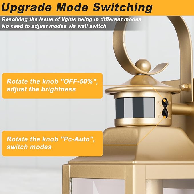 Motion Sensor Outdoor Wall Lights 2 Pack - Gold Dusk to Dawn Light Fixtures, Modern Exterior Wall Sconces, Large Outside Lamps for House, Garage Wall Lanterns 16"