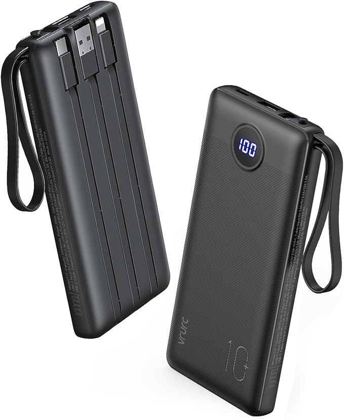 VRURC Portable Charger, 22.5W Power Bank 10000mAh, USB-C Cable in & Out Fast Charging Battery Pack, Compact Travel Essential 4 Outputs 3 Inputs for iPhone 16 15 14 13,Samsung, Android etc-Black