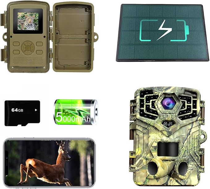 48MP WiFi Solar Trail Camera with Night Vision Motion Activated – 64GB SD Card, 940nm Infrared, 2.0" Screen, 5000mAh Long Battery Life, 0.2s Trigger Speed, IP66 – Ideal for Wildlife Monitoring