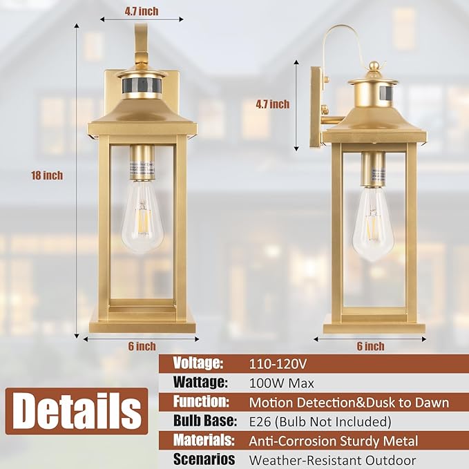 2-Pack Gold Dusk to Dawn Motion Sensor Lights 18 Inch, Large Outdoor Light Fixtures IP65 Waterproof Anti-Rust Brass Outside Lights for House Photocell Modern Exterior Lanterns Wall Mounted