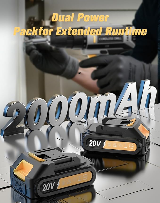 Cordless Drill, 20V MAX Power Drill Set with Dual Power Pack & Charger, 3/8 Inch Keyless Chuck, Variable Speed, 25+1 Position and 56PCS Bits/Screws, Power Tools for Home Projects