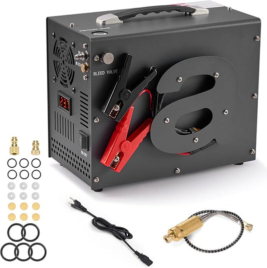 PCP Air Compressor, Airgun Compressor, Portable 4500Psi/30Mpa, Water/Oil-Free, One Button Start, Bursting disc, Built-in Fan, 12V DC 110V AC, Manual-stop, PCP Rifle/Pistol and Paintball Tank Air Pump