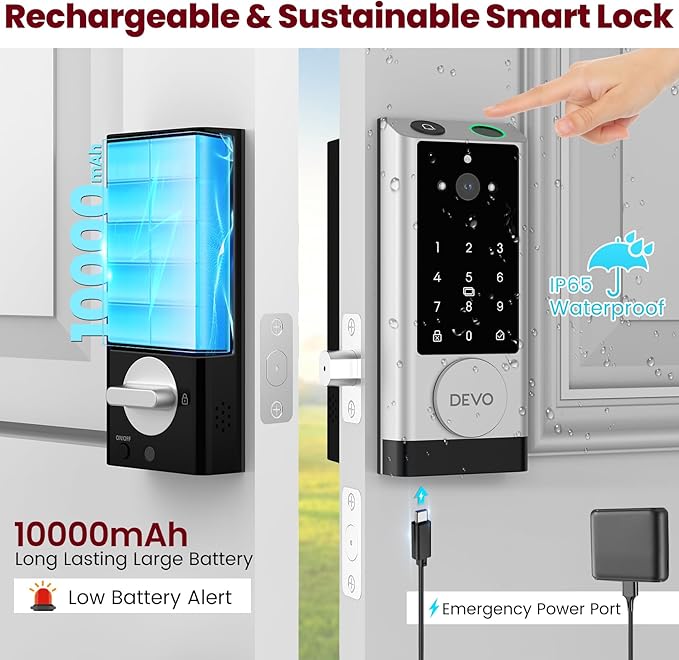 DEVO G1 Smart Lock with Handle Set, 6-in-1 Keyless Entry Door Lock, Video Smart Deadbolt with Fingerprint, Built-in Wi-Fi, App Remote, Auto Lock, IP65 Waterproof Front Door Lock, Easy Install