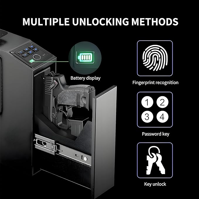 Biometric Fingerprint Mountable Gun Safe, Passcode, Keys and Quick Access Auto Pop，Gun Safe for Nightstand, Desk, Bed Side