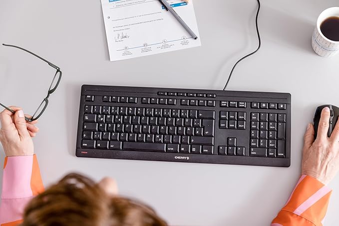 CHERRY Stream Keyboard Wired USB SX Scissors Mechanism QWERTY Whisper-Quiet Silent Keystroke for Home Office, Work or Personal Computer. Black