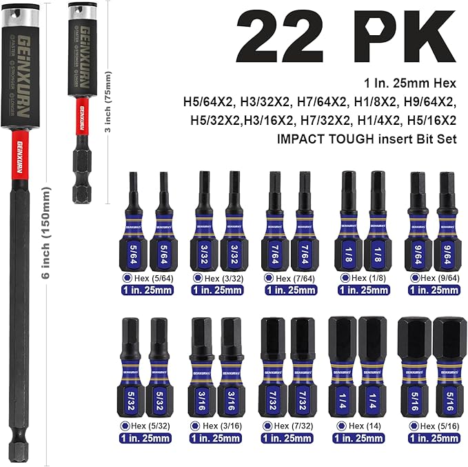 20Pieces 1 In. Hex Head Impact Tough Magnetic Allen Wrench Drill Bits Set, Multi Hex Head SAE Power Bits Set, S2 Steel Hex Screwdriver Bit set with 3”6”Extension Bit Holder