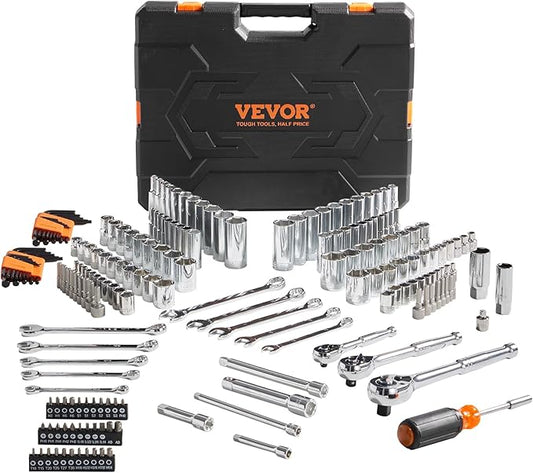 VEVOR Mechanics Tool Set, 1/4" & 3/8"& 1/2" Drive Deep and Standard Sockets, SAE/Metric 205 Pcs Mechanic Tool Kit with Bits, Combination Wrench, Hex Wrenches, Accessories, Storage Case