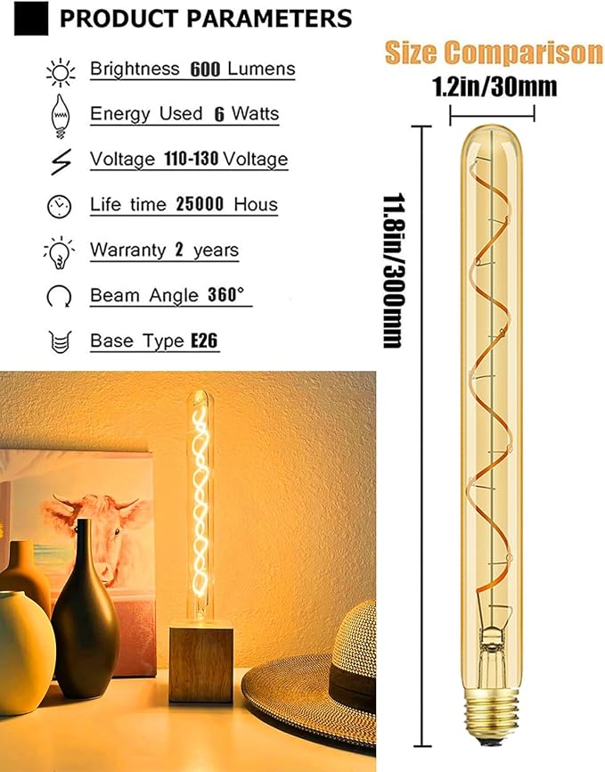 Leools Vintage LED Spiral Filament Bulb T10, 11.8inch Long Tubular Dimmable Edison Light Bulbs,E26 Base,Amber Glass,Warm White,2200K, (60W Equivalent), Pack of 4