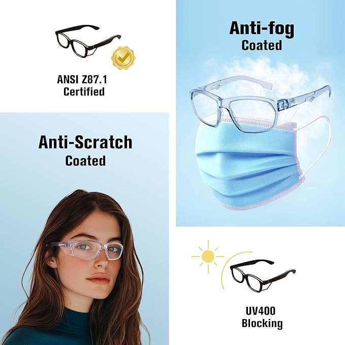 ProtectX Stylish Anti-Fog & Scratch-Resistant Safety Glasses, UV Protection Goggles, Anti-Impact Lightweight Glasses for Men＆Women Clear Blue