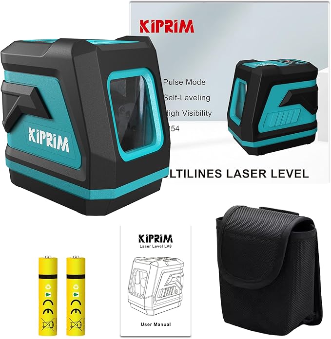 Kiprim Green Laser Level Upgraded LV8 with Enhanced Visibility,Adjustable Brightness,Manual/Self Leveling/Pulse Mode,Batteries and Carrying Pouch Included