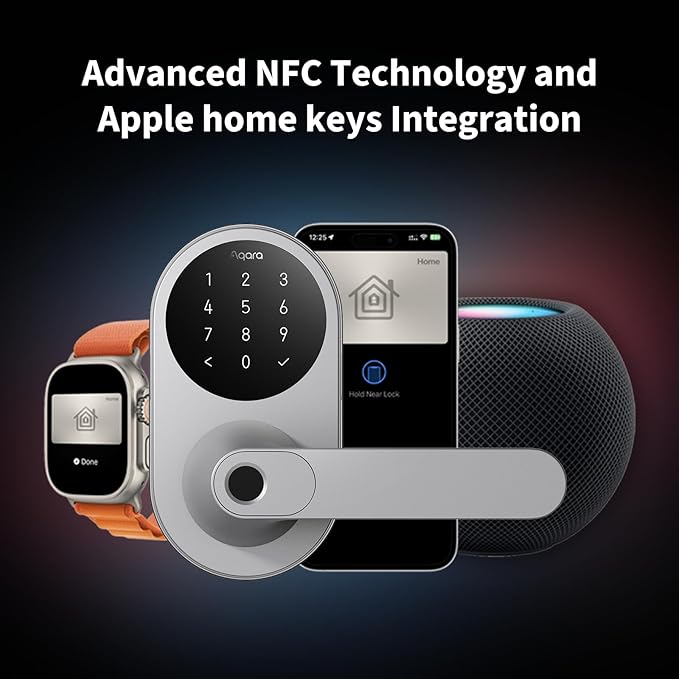 Aqara Smart Lock U300, Fingerprint Keyless Entry Door Lock with Handle, Matter Over Thread with Apple Home Keys, Touchscreen Keypad, Smart Lever Lock Supports Apple Home, Alexa, Google, IFTTT, Silver