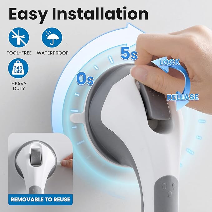 LEVERLOC Grab Bars for Bathtubs and Showers, Shower Handle 17 Inch Strong Suction Bath Handrails, Safety Grip for Bathroom Chair, Bathroom Grab Bar for Senior No Drilling Waterproof,Grey