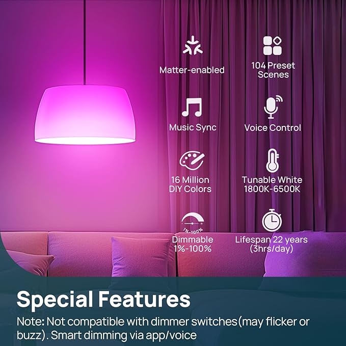 Linkind Matter Smart Light Bulb,1100LM 75W Smart Bulbs Work with Alexa/Apple Home/Google Home/SmartThings, RGBTW LED Color Changing Bulbs Music Sync, 2.4GHz Wi-Fi Light Bulbs LED 11W, A19 E26, 4Pack