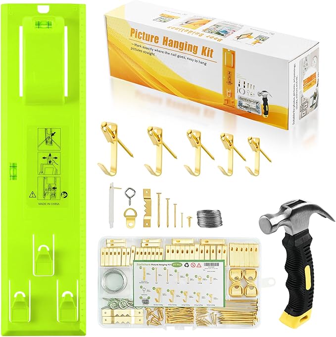 Picture Hanging Kit, Goodsnova Picture Hanging Tool with Level for Easy Marking Position, Including 218PCS Instaframe Hanging Kit with Hooks, Nails, Wires, Hammer for Art/ Photos (Green)