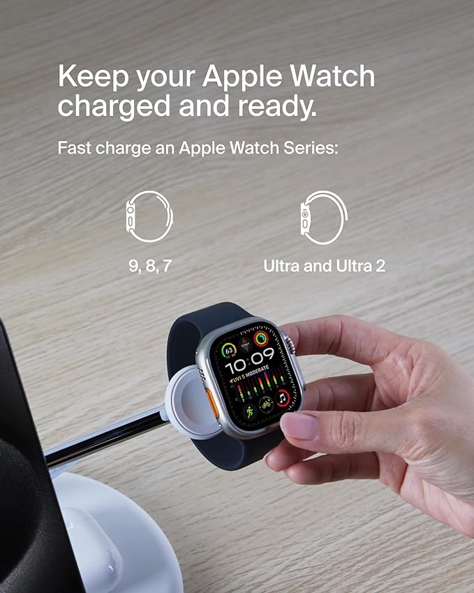 Belkin MagSafe-Compatible 3-in-1 Wireless Charger Stand 15W - Qi2-Certified Wireless Charging Station, Fast Charging of iPhone 16, AirPods, & Apple Watch - 36W Included - White