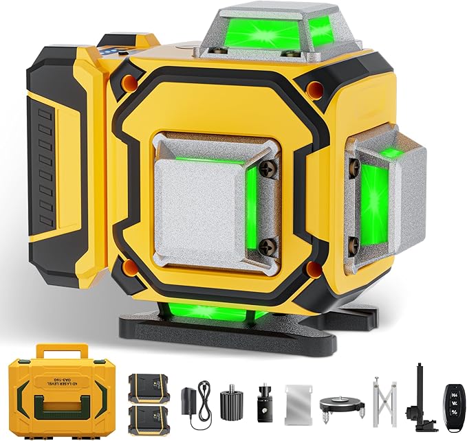 16 Line Laser Level 360 Self Leveling,Professional 4 x 360 Laser Level with Pulse Mode,4D Green Alignment Laser for Construction and Picture Hanging,with 2 Batteries,Magnetic Bracket,Hard Carry Case