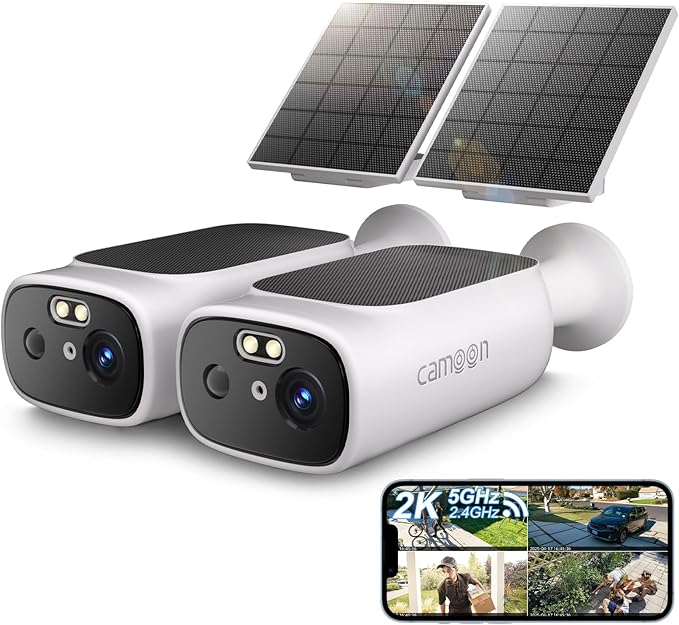 2K Solar Camera Outdoor Wireless-5/2.4Ghz WiFi Cameras for Home Security, AI Motion Detection, Color Night Vision, SD Card/Cloud Storage, Waterproof, Compatible with Alexa/Google Home (2 Cameras)