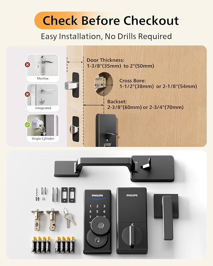 Philips WiFi Smart Lock + Door Handle Set, Built-in WiFi, APP Remote Control, Keypad Door Locks for Front Door, Fingerprint Unlock, Voice Control, Digital Deadbolt Smart Lock, Keyless Entry, Auto Lock
