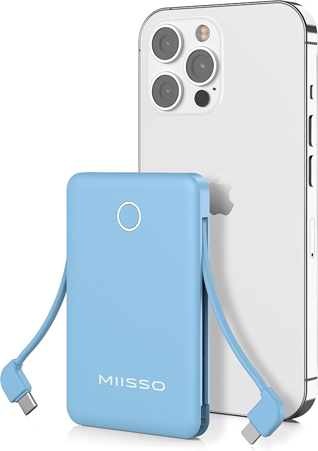 6000mah Ultra Slim Built in Cables Power Bank, Card Size Built in USB C Cords Battery Pack Portable Charger for Phones, 3 Output External Battery Pack Compatible with iPhone, Samsung, Google, Blue