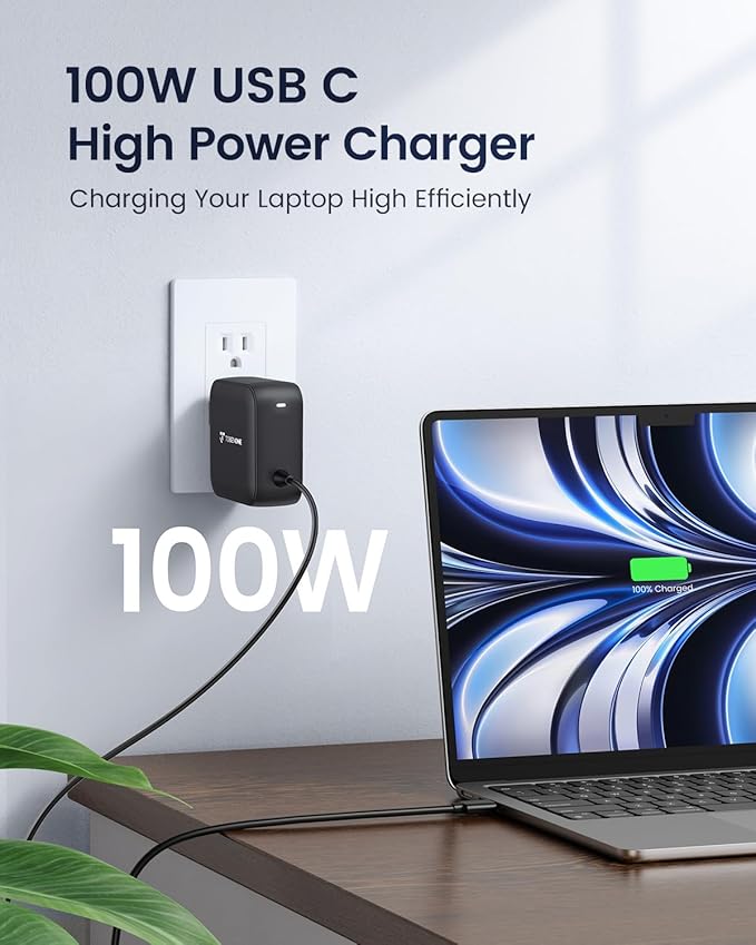100W USB C Laptop Charger, Universal GaN III Power Supply Adapter, Replacement Foldable Fast Charger PD3.0 for MacBook Pro/Air, HP, Lenovo, Asus, Steam Deck, and All Type C Devices (5ft Cable)