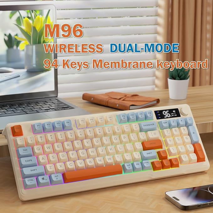 ZIYOU LANG M96 Wireless Gaming Silent Membrane Keyboard,Display Screen & Knob with Multimedia Keys Dual Mode Bluetooth/2.4Ghz,Rainbow Backlight 94Keys Ball Shape PBT Keycap ANSI Layout for Win/Mac