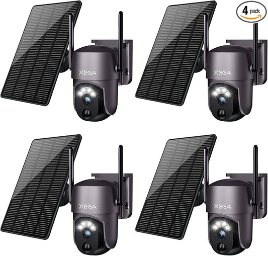 Xega 4 Pack Security Camera Wireless Outdoor 2K 360° PTZ Camera Solar Security Cameras 2.4G WiFi Video Surveillance w/Spotlight & Siren, Color Night Vision, AI Motion Detection, 2-Way Talk, IP66