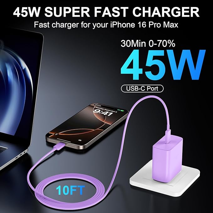 Phone 16 Pro Max Charger Fast Charging, 45W USB C Phone 16 Super Fast Charger Block with 10ft Long Type C Charging Cable Cord for Phone 16/16 Pro/16 ProMax/16 Plus, 15/15 Pro Max/Pro/Plus,2pack purple