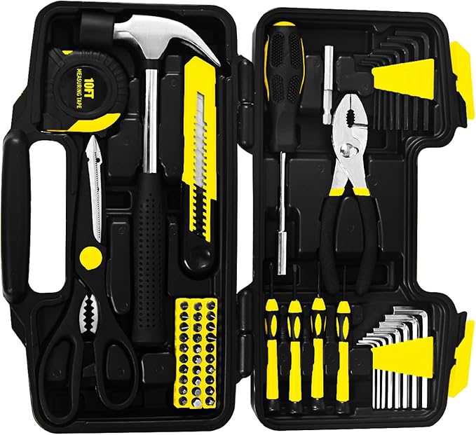58-Piece Tool Kit Basic Home Repair Tool Set, General Household Hand Tool Kit,Small Tool Kit with Plastic Toolbox Mini Tool kit for Women, Office & College Repairs Yellow