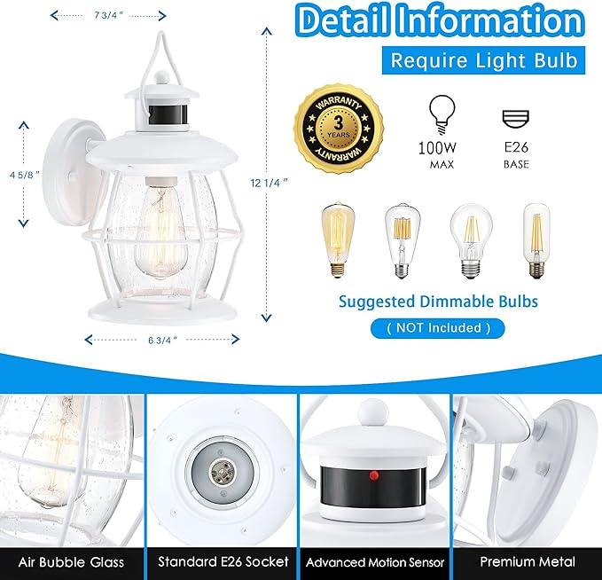 Motion Sensor Outdoor Lights, Upgrade Dusk to Dawn Wall Sconce Lantern, Exterior Light Fixtures Outside Lights for House Front Porch Garage Patio(White)