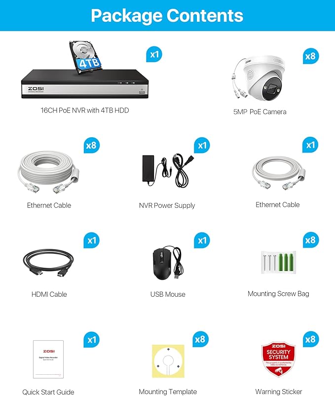 ZOSI 16CH 4K PoE Security Camera System with Person Vehicle Detection,8pcs 5MP PoE IP Cameras Outdoor Indoor,2 Way Audio,Color Night Vision,16CH 4K NVR Recorder with 4TB HDD for 24/7 Recording