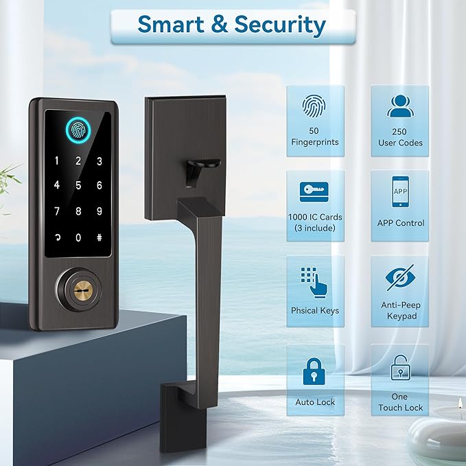Fingerprint Door Lock with Handle Sets, BEBASIA Keyless Entry Door Lock, Bluetooth Front Door Lock Set, Smart Deadbolt, Electronic Keypad Digital Lock with Handle, Aged Bronze