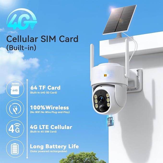 4G LTE Cellular Security Camera, No WiFi Security Camera Outdoor Wireless Solar Powered, Built-in SIM Card, 2K Color Night Vision, Human Detection Alerts, with 64G SD Card, 2-Way Audio, 360° Live View