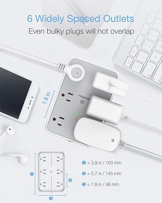 USB Wall Charger, Multi Outlet Extender Surge Protector, TESSAN 6 Electrical Outlets Expander with 3 USB Charging Ports, 1080 Joules Multiple Plug Splitter for Bathroom Dorm Room Office