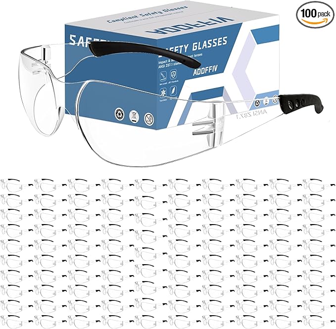 Clear Safety Glasses Bulk of 100,ANSI Z87.1 Impact Resistant Lens Eye Protection for Lab,Construction