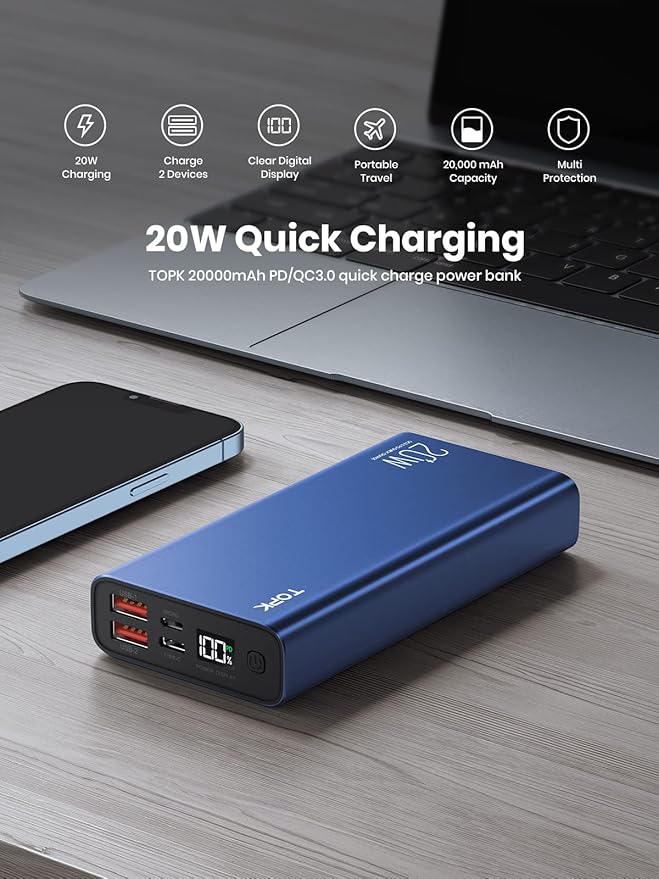 TOPK Portable Charger 20000mAh, Power Bank USB C 20W Fast Charging LED Display External Battery Pack Compatible with iPhone 13 12 11 Xs Samsung Google iPad etc.[2022 Version]