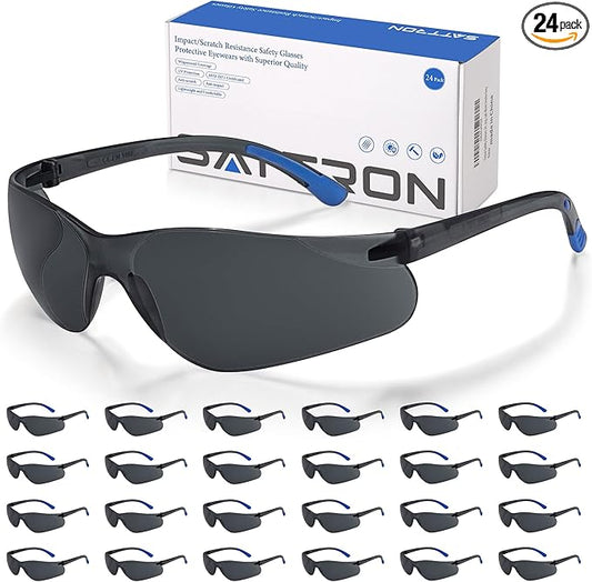 Tinted Safety Glasses 24pk, Safety Sunglasses Bulk UV Protection ANSI Z87.1, Protective Eyewear Scratch Impact Resistant Safety Goggles for Men Women Work Construction Lab Smoke Grey& Blue Frame