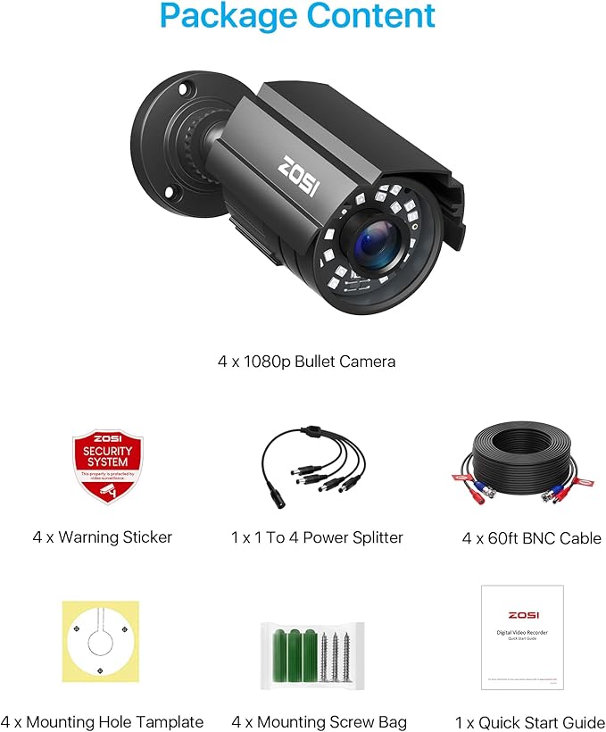 ZOSI 4PK 1920TVL 1080P Security Camera 3.6mm Lens 2MP CCTV Camera Home Security Day Night Waterproof Camera for 1080P/5MP/4K HD-TVI Analog DVR System