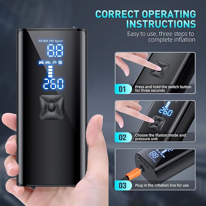 Tire Inflator Portable Air Compressor, 150PSI & 25000mah Portable Air Pump with Digital Pressure Gauge, 2X Faster Cordless Tire Pump for Car, Bike, Motorcycle, Ball