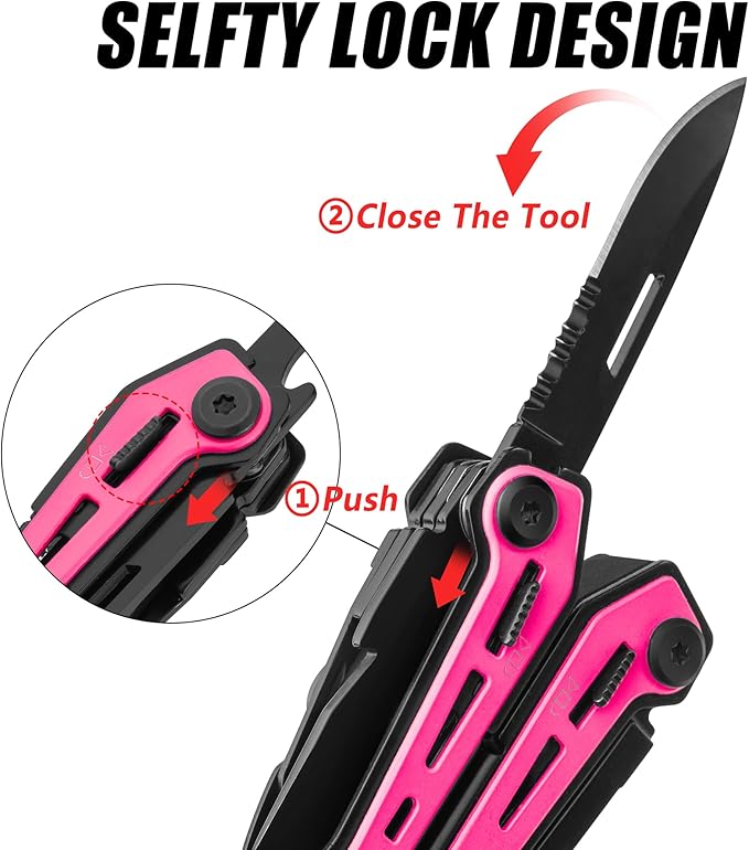FLISSA 16-in-1 Pink Multi Tool Pliers, Gifts for Men, Stainless Steel EDC Multitool with Pocket Knife, Belt Clip and Oxford Pouch, for Camping Survival Outdoor Activities